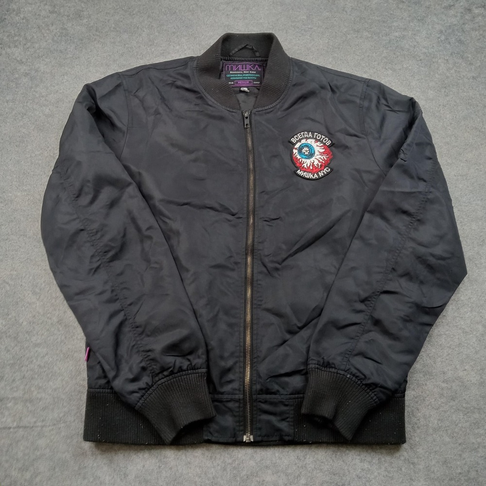 Mishka Jacket Mens Medium MNWKA Black Nylon Bomber Embroidered Patch Brooklyn - Picture 1 of 8